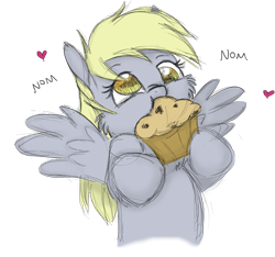 Size: 1344x1257 | Tagged: safe, artist:bri-sta, artist:longren, color edit, edit, derpy hooves, pegasus, pony, cheek fluff, colored, cute, derpabetes, eating, female, food, heart, hoof hold, mare, muffin, nom, simple background, solo, spread wings, that pony sure does love muffins, transparent background, wings