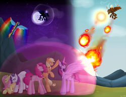 Size: 4000x3080 | Tagged: safe, artist:mailner, applejack, fluttershy, pinkie pie, princess celestia, princess luna, rainbow dash, rarity, twilight sparkle, twilight sparkle (alicorn), alicorn, earth pony, pegasus, pony, unicorn, crying, female, fireball, force field, magic, mane six, mare, moon, sun