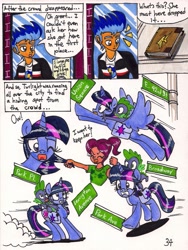 Size: 775x1031 | Tagged: safe, artist:newyorkx3, derpibooru import, flash sentry, spike, twilight sparkle, twilight sparkle (alicorn), alicorn, dragon, pony, comic:twilight and the big city, comic, female, mare, traditional art