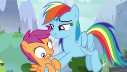 Size: 1280x720 | Tagged: safe, derpibooru import, screencap, rainbow dash, scootaloo, pegasus, pony, the washouts (episode), flying, holding a pony, out of context