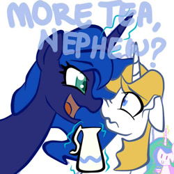 Size: 708x708 | Tagged: safe, artist:felixpheonix66, prince blueblood, princess celestia, princess luna, alicorn, pony, bluna, nose wrinkle, tea