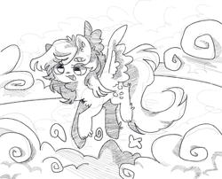 Size: 1708x1380 | Tagged: safe, artist:kotoink, derpy hooves, pony, catface, cheek fluff, chest fluff, cloud, flying, leg fluff, monochrome, solo