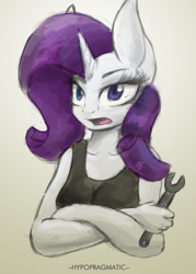 Size: 1024x1432 | Tagged: safe, artist:blvckmagic, rarity, anthro, clothes, heterochromia, simple background, solo, tanktop, wrench