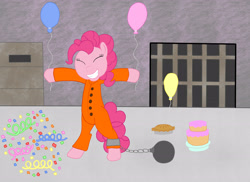 Size: 3507x2550 | Tagged: safe, artist:spellboundcanvas, pinkie pie, earth pony, pony, ball and chain, balloon, cake, clothes, confetti, pie, prison, prison outfit, prisoner, prisoner pp