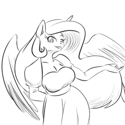 Size: 700x700 | Tagged: safe, artist:goat train, princess celestia, anthro, breasts, clothes, dress, female, monochrome, princess breastia, smiling, solo