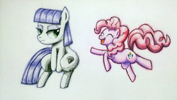 Size: 1000x562 | Tagged: safe, artist:coma392, maud pie, pinkie pie, earth pony, pony, pixiv, solo, traditional art, wrong cutie mark, younger