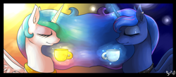 Size: 4600x2000 | Tagged: dead source, safe, artist:poisindoodles, princess celestia, princess luna, alicorn, pony, coffee, female, tea