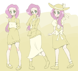 Size: 2200x2000 | Tagged: safe, artist:applestems, fluttershy, human, clothes, hat, humanized, long skirt, scarf, shoes, skirt, solo, sweater, sweatershy