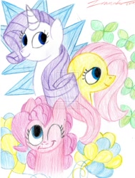 Size: 1024x1351 | Tagged: safe, artist:jspatronus, fluttershy, pinkie pie, rarity, earth pony, pegasus, pony, unicorn, traditional art