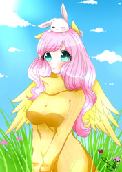 Size: 630x890 | Tagged: safe, artist:soriinyu, angel bunny, fluttershy, human, breasts, clothes, eared humanization, female, hootershy, humanized, solo, sweatershy, winged humanization