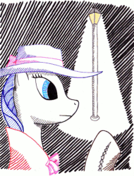 Size: 871x1145 | Tagged: safe, artist:fable-scroll, rarity, pony, unicorn, rarity investigates, clothes, detective rarity, hat, noir, solo, traditional art, trenchcoat