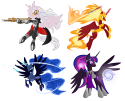 Size: 5111x4123 | Tagged: safe, artist:virenth, nightmare moon, nightmare star, princess celestia, twilight sparkle, alicorn, pony, absurd resolution, alicorn tetrarchy, armor, exploitable, female, flamberge, flaming sword, gun, magic, mare, nightmare cadance, nightmare twilight, nightmarified, rifle, simple background, slit eyes, sword, transparent background, weapon, whip