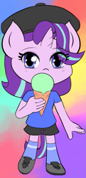 Size: 483x1000 | Tagged: safe, artist:empyu, starlight glimmer, anthro, unicorn, beret, chibi, clothes, cute, dessert, female, food, french, glimmerbetes, hat, ice cream, looking at you, mare, shirt, shorts, socks, solo