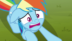 Size: 1280x720 | Tagged: safe, derpibooru import, screencap, rainbow dash, pegasus, pony, the washouts (episode), scared, solo