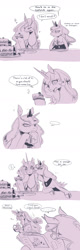 Size: 600x1879 | Tagged: safe, artist:murai shinobu, edit, princess celestia, princess luna, alicorn, pony, banana, blushing, brushing, cake, cakelestia, comic, embarrassed, gabby gums, japanese, leaning, licking, magic, monochrome, newspaper, pixiv, surprised, tabloid, telekinesis, text, tongue out, translation