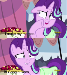 Size: 643x719 | Tagged: safe, edit, edited screencap, editor:countcoltnackh, screencap, starlight glimmer, pony, unicorn, rock solid friendship, caption, cherry, discovery family logo, exploitable meme, food, google, google docs, image macro, meme, solo, sweat, text