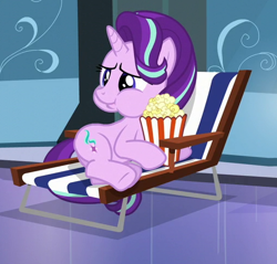 Size: 508x485 | Tagged: safe, screencap, starlight glimmer, unicorn, season 6, the crystalling, aweeg*, chair, cropped, female, food, lawn chair, mare, popcorn, puffy cheeks, solo