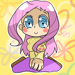 Size: 1024x1024 | Tagged: safe, artist:flashblue, fluttershy, human, chibi, clothes, humanized, pixiv, solo, sweatershy