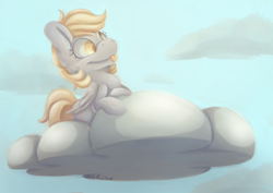 Size: 7016x4961 | Tagged: safe, artist:cutepencilcase, derpy hooves, pegasus, pony, absurd resolution, chest fluff, cloud, female, mare, solo, tongue out