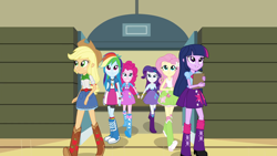 Size: 1280x720 | Tagged: safe, derpibooru import, applejack, fluttershy, pinkie pie, rainbow dash, rarity, twilight sparkle, twilight sparkle (alicorn), alicorn, equestria girls, rainbow rocks, shake your tail, balloon, boots, clothes, cowboy boots, entrance, gym, gymnasium, jewelry, mane six, skirt