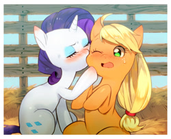 Size: 1062x864 | Tagged: safe, artist:hotomura, applejack, rarity, earth pony, pony, unicorn, blushing, cute, eyes closed, female, freckles, kissing, lesbian, mare, open mouth, pixiv, rarijack, shipping, sitting, sweat, wink