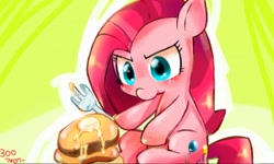 Size: 512x308 | Tagged: safe, artist:miki 14, pinkie pie, earth pony, pony, cute, cuteamena, diapinkes, eyes on the prize, fork, glare, hoof hold, pancakes, pinkamena diane pie, sitting, solo