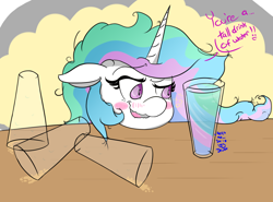 Size: 1280x945 | Tagged: safe, artist:askcelestiasmane, princess celestia, alicorn, pony, alcohol, blushing, drunk, drunklestia, floppy ears, glass, messy mane, solo