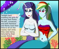 Size: 2341x1925 | Tagged: safe, artist:physicrodrigo, derpibooru import, edit, editor:rmzero, part of a series, part of a set, rainbow dash, rarity, twilight sparkle, twilight sparkle (alicorn), alicorn, mermaid, series:equestria mermaids, equestria girls, belly button, clothes, coral, curse, cursed, dialogue, dress, implied pinkie pie, mermaidized, midriff, ocean, species swap, text