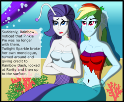 Size: 2341x1925 | Tagged: safe, artist:physicrodrigo, derpibooru import, edit, editor:rmzero, part of a series, part of a set, rainbow dash, rarity, twilight sparkle, twilight sparkle (alicorn), alicorn, mermaid, series:equestria mermaids, equestria girls, belly button, clothes, coral, curse, cursed, dialogue, dress, implied pinkie pie, mermaidized, midriff, ocean, species swap, text