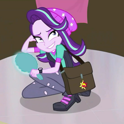 Size: 1080x1080 | Tagged: safe, screencap, starlight glimmer, equestria girls, mirror magic, spoiler:eqg specials, bag, beanie, boots, clothes, cropped, hat, plant, ripped pants, shirt, shoes, smiling, solo, vest