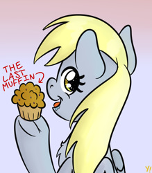 Size: 1750x2000 | Tagged: safe, artist:yakoshi, derpy hooves, pegasus, pony, chest fluff, drool, food, gradient background, hoof hold, looking back, muffin, smiling, solo, starry eyes, underhoof, wingding eyes