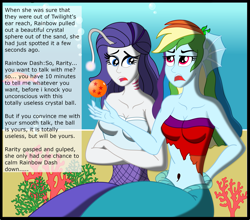 Size: 2341x2057 | Tagged: safe, artist:physicrodrigo, derpibooru import, edit, editor:rmzero, part of a series, part of a set, rainbow dash, rarity, alicorn, mermaid, series:equestria mermaids, equestria girls, belly button, clothes, coral, curse, cursed, dialogue, dragon ball (object), dress, implied sci-twi, implied twilight sparkle, mermaidized, midriff, ocean, species swap, text