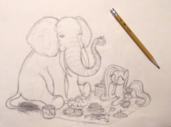 Size: 1039x769 | Tagged: safe, artist:thefriendlyelephant, fluttershy, oc, oc:obi, elephant, pegasus, pony, apple, bucket, cake, carrot, cute, duo, hay, picnic, picnic basket, picnic blanket, sandwich, size difference, sketch, tea, tea kettle, teacup, traditional art, water, wip