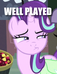 Size: 336x439 | Tagged: safe, edit, edited screencap, screencap, starlight glimmer, pony, unicorn, rock solid friendship, caption, cropped, female, image macro, mare, solo, text, well played