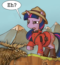 Size: 316x343 | Tagged: safe, artist:katiecandraw, derpibooru import, edit, idw, twilight sparkle, moose, canada, canadian, cropped, eh, mountie, solo, stereotype