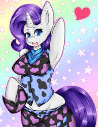 Size: 1280x1661 | Tagged: safe, artist:tomoyuuki, rarity, anthro, arm hooves, armpits, bandana, clothes, heart, pants, solo, vest