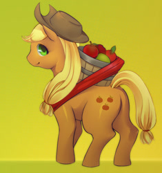 Size: 526x560 | Tagged: safe, artist:suguro, applejack, earth pony, pony, apple, basket, plot, smiling, solo