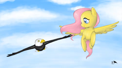 Size: 1157x648 | Tagged: safe, artist:wings-dragon, fluttershy, bald eagle, eagle, pegasus, pony, cloud, cloudy, flying, smiling, solo