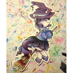 Size: 640x640 | Tagged: safe, artist:y0wai, rarity, pony, unicorn, broom, clothes, costume, dress, flying, flying broomstick, hat, looking back, smiling, solo, traditional art, witch hat