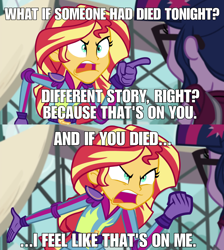 Size: 1920x2141 | Tagged: safe, edit, edited screencap, screencap, sci-twi, sunset shimmer, twilight sparkle, equestria girls, friendship games, angry, exploitable meme, image macro, meme, peter parker, spider-man: homecoming, sunset yells at twilight, tony stark