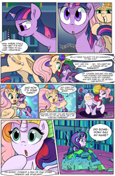 Size: 1800x2740 | Tagged: safe, artist:candyclumsy, artist:multi-commer, applejack, fluttershy, pinkie pie, rainbow dash, rarity, starlight glimmer, twilight sparkle, twilight sparkle (alicorn), oc, alicorn, earth pony, hybrid, pony, unicorn, comic:the great big fusion, appleflaritwidashpie, book, comic, eyelashes, eyeshadow, fuse, fusion, fusion:excellent pasture eclair, fusion:princess supreme ball, hair bun, hug, makeup, mane six, merging, shocked, size difference, xk-class end-of-the-world scenario