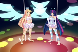 Size: 2710x1807 | Tagged: safe, artist:freedomthai, applejack, twilight sparkle, twilight sparkle (alicorn), alicorn, human, applerack, breasts, female, headlight sparkle, humanized, panty and stocking with garterbelt