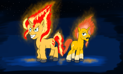Size: 2000x1200 | Tagged: safe, artist:horsesplease, sunburst, sunset shimmer, unicorn, annoyed, brother and sister, catasterism, constellation, evil grin, female, fiery mane, fiery shimmer, fiery sunburst, fire, fire pony, glow, grin, headcanon, insanity, little dipper, male, mane of fire, night, paint tool sai, rapidash shimmer, siblings, smiling, snapset shimmer, stars, sunny siblings, sunshine shimmer, unamused