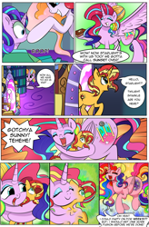 Size: 1800x2740 | Tagged: safe, artist:candyclumsy, artist:multi-commer, applejack, fluttershy, pinkie pie, rainbow dash, rarity, starlight glimmer, sunset shimmer, twilight sparkle, oc, alicorn, earth pony, hybrid, pony, unicorn, comic:the great big fusion, comic, eyelashes, eyeshadow, fusion, fusion:princess glimmering ball, fusion:princess supreme ball, fusion:queen all nighter, hair bun, hug, makeup, melting, merge, merging, size difference, xk-class end-of-the-world scenario