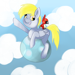 Size: 4000x4000 | Tagged: safe, artist:soulrainbow, derpy hooves, parrot, pegasus, pony, adventure, bubble, cloud, sky