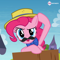 Size: 548x548 | Tagged: safe, screencap, pinkie pie, earth pony, pony, trade ya, bowtie, fake moustache, hat, hub logo, hub network, official, the hub