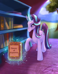 Size: 1920x2444 | Tagged: safe, artist:amberbunni, starlight glimmer, pony, unicorn, book, bookshelf, glowing horn, solo, starlight glimmer day