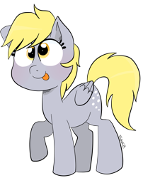 Size: 1083x1338 | Tagged: safe, artist:saveraedae, derpy hooves, pegasus, pony, blushing, cute, derpabetes, female, mare, raised hoof, simple background, solo, tongue out, transparent background, wall eyed