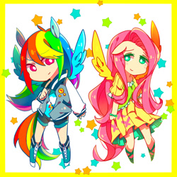 Size: 650x650 | Tagged: safe, artist:tsukimei99, derpibooru import, fluttershy, rainbow dash, human, blushing, clothes, dress, eared humanization, humanized, pixiv, tailed humanization, winged humanization