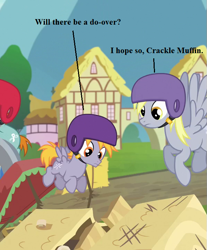 Size: 597x720 | Tagged: safe, edit, edited screencap, screencap, crackle pop, derpy hooves, snips, the cart before the ponies, cropped, dialogue, helmet, text, wreckage